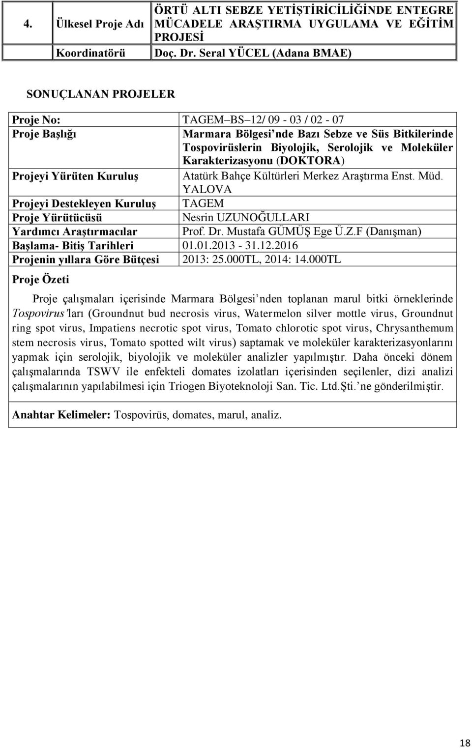 (DOKTORA) Projeyi Yürüten Kuruluş Atatürk Bahçe Kültürleri Merkez Araştırma Enst. Müd. YALOVA Nesrin UZUNOĞULLARI Yardımcı Araştırmacılar Prof. Dr. Mustafa GÜMÜŞ Ege Ü.Z.F (Danışman) Başlama- Bitiş Tarihleri 01.