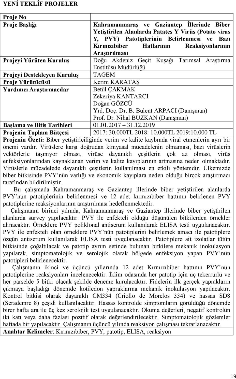 ÇAKMAK Zekeriya KANTARCI Doğan GÖZCÜ Yrd. Doç. Dr. B. Bülent ARPACI (Danışman) Prof. Dr. Nihal BUZKAN (Danışman) Başlama ve Bitiş Tarihleri 01.01.2017 31.12.2019 Projenin Toplam Bütçesi 2017: 30.