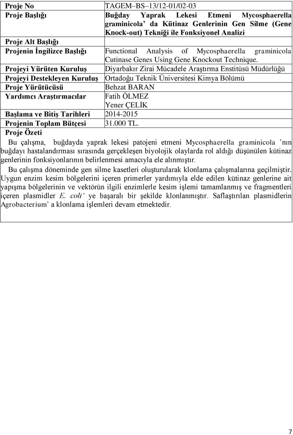 Projeyi Yürüten Kuruluş Diyarbakır Zirai Mücadele Araştırma Enstitüsü Müdürlüğü Projeyi Destekleyen Kuruluş Ortadoğu Teknik Üniversitesi Kimya Bölümü Behzat BARAN Yardımcı Araştırmacılar Fatih ÖLMEZ