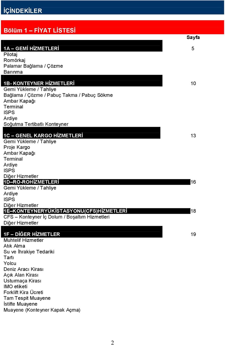 HĠZMETLERĠ 16 Gemi Yükleme / Tahliye Ardiye ISPS Diğer Hizmetler 1E KONTEYNER YÜK ĠSTASYONU (CFS) HĠZMETLERĠ 18 CFS Konteyner İç Dolum / Boşaltım Hizmetleri Diğer Hizmetler 1F DĠĞER HĠZMETLER 19