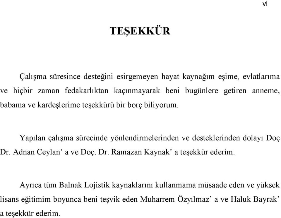 Yapılan çalıģma sürecinde yönlendirmelerinden ve desteklerinden dolayı Doç Dr. Adnan Ceylan a ve Doç. Dr. Ramazan Kaynak a teģekkür ederim.