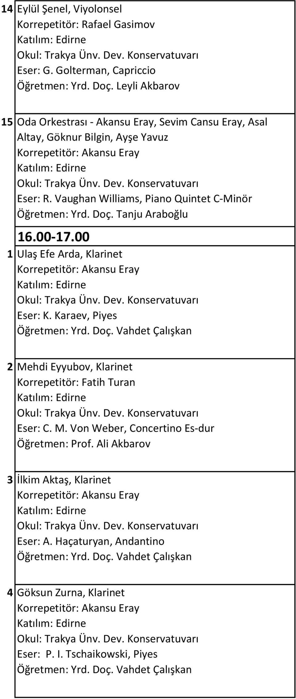 Tanju Araboğlu 16.00-17.00 1 Ulaş Efe Arda, Klarinet Eser: K. Karaev, Piyes Öğretmen: Yrd. Doç. Vahdet Çalışkan 2 Mehdi Eyyubov, Klarinet Korrepetitör: Fatih Turan Eser: C.