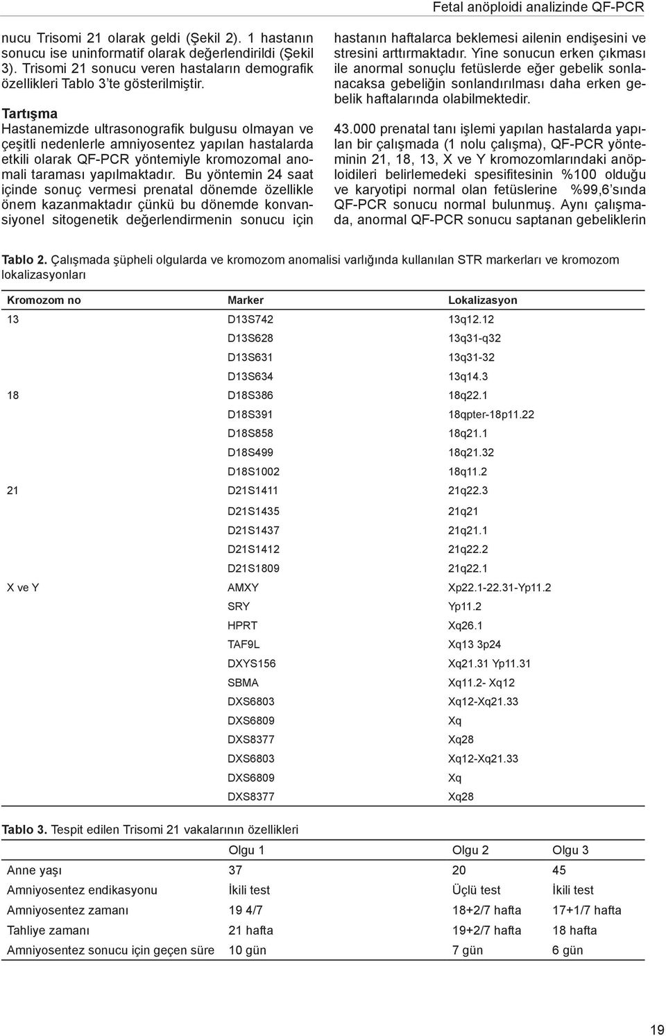 Tartışma Hastanemizde ultrasonografik bulgusu olmayan ve çeşitli nedenlerle amniyosentez yapılan hastalarda etkili olarak QF-PCR yöntemiyle kromozomal anomali taraması yapılmaktadır.