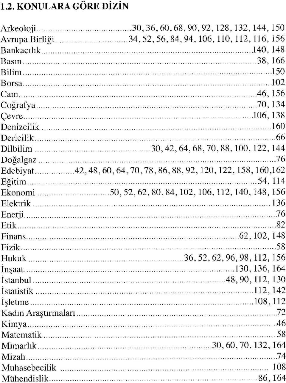 Eğitim 54,114 Ekonomi 50,52,62, 80, 84,102,106,112,140,148,156 Elektrik 136 Enerji 76 Etik 82 Finans 62,102,148 Fizik 58 Hukuk 36, 52,62,96,98,112,156 İnşaat