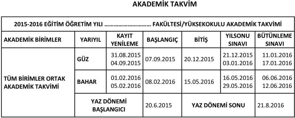 01.2016 17.01.2016 TÜM BİRİMLER ORTAK AKADEMİK TAKVİMİ BAHAR 01.02.2016 05.02.2016 08.02.2016 15.05.2016 16.05.2016 29.