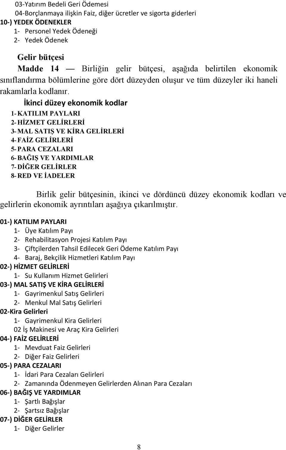 İkinci düzey ekonomik kodlar 1-KATILIM PAYLARI 2-HİZMET GELİRLERİ 3-MAL SATIŞ VE KİRA GELİRLERİ 4-FAİZ GELİRLERİ 5-PARA CEZALARI 6-BAĞIŞ VE YARDIMLAR 7-DİĞER GELİRLER 8-RED VE İADELER Birlik gelir