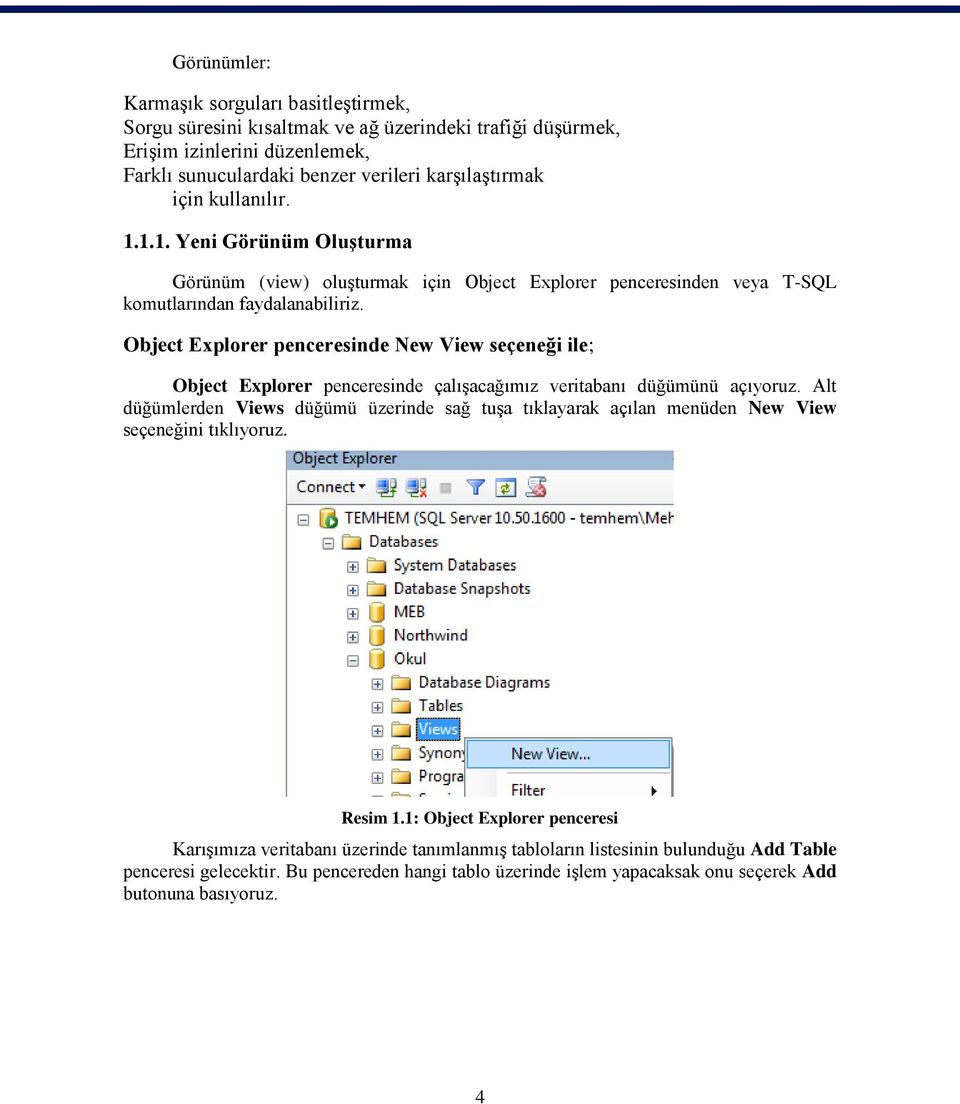 Object Explorer penceresinde New View seçeneği ile; Object Explorer penceresinde çalışacağımız veritabanı düğümünü açıyoruz.