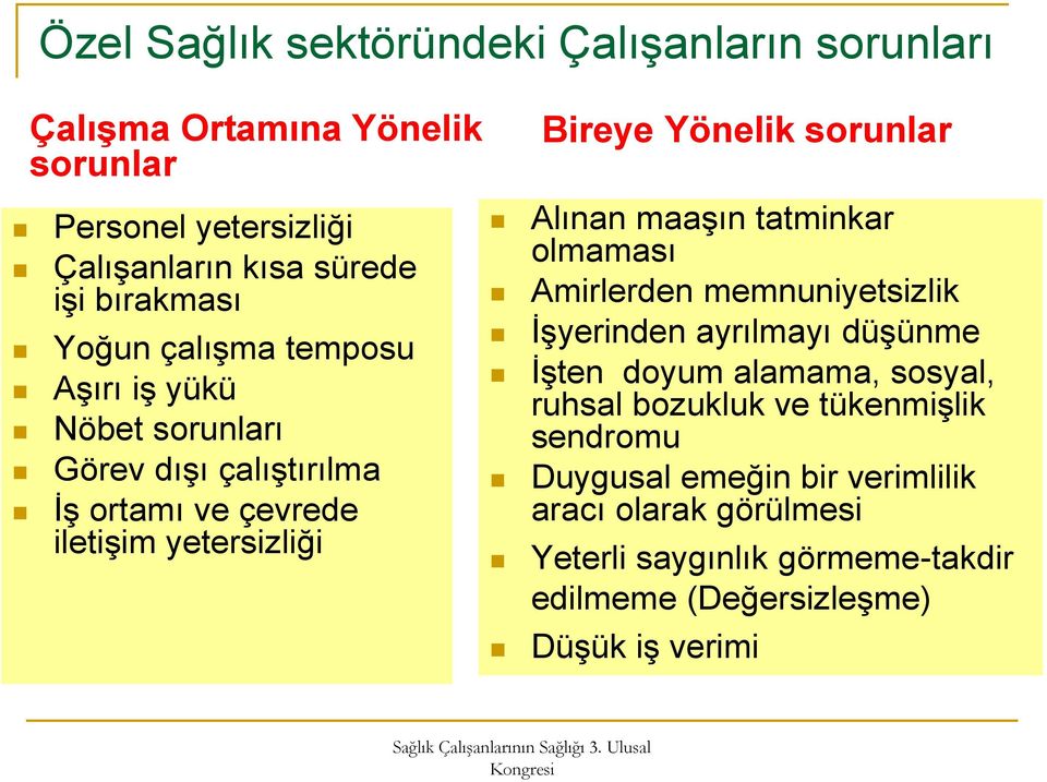 Alınan maaşın tatminkar olmaması Amirlerden memnuniyetsizlik İşyerinden ayrılmayı düşünme İşten doyum alamama, sosyal, ruhsal bozukluk ve