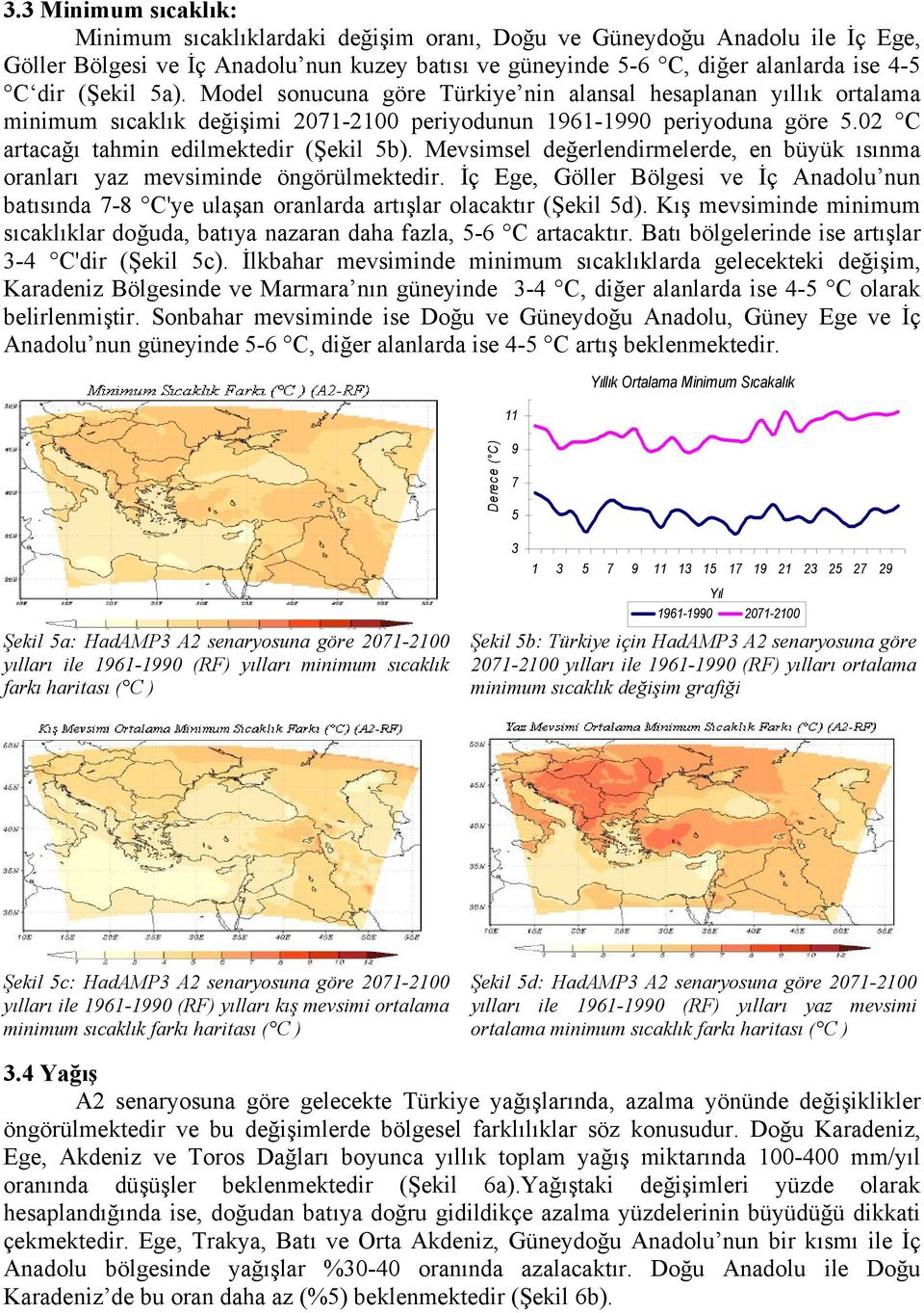 Mevsimsel değerlendirmelerde, en büyük ısınma oranları yaz mevsiminde öngörülmektedir. İç Ege, Göller Bölgesi ve İç Anadolu nun batısında 7-8 C'ye ulaşan oranlarda artışlar olacaktır (Şekil 5d).