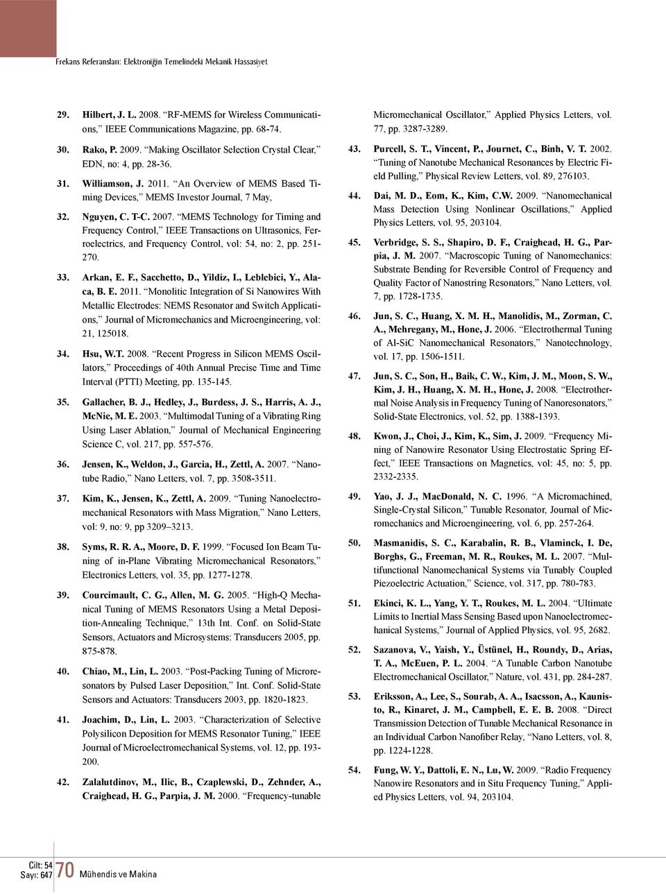 MEMS Technology for Timing and Frequency Control, IEEE Transactions on Ultrasonics, Ferroelectrics, and Frequency Control, vol: 54, no: 2, pp. 251-270. 33. Arkan, E. F., Sacchetto, D., Yildiz, I.