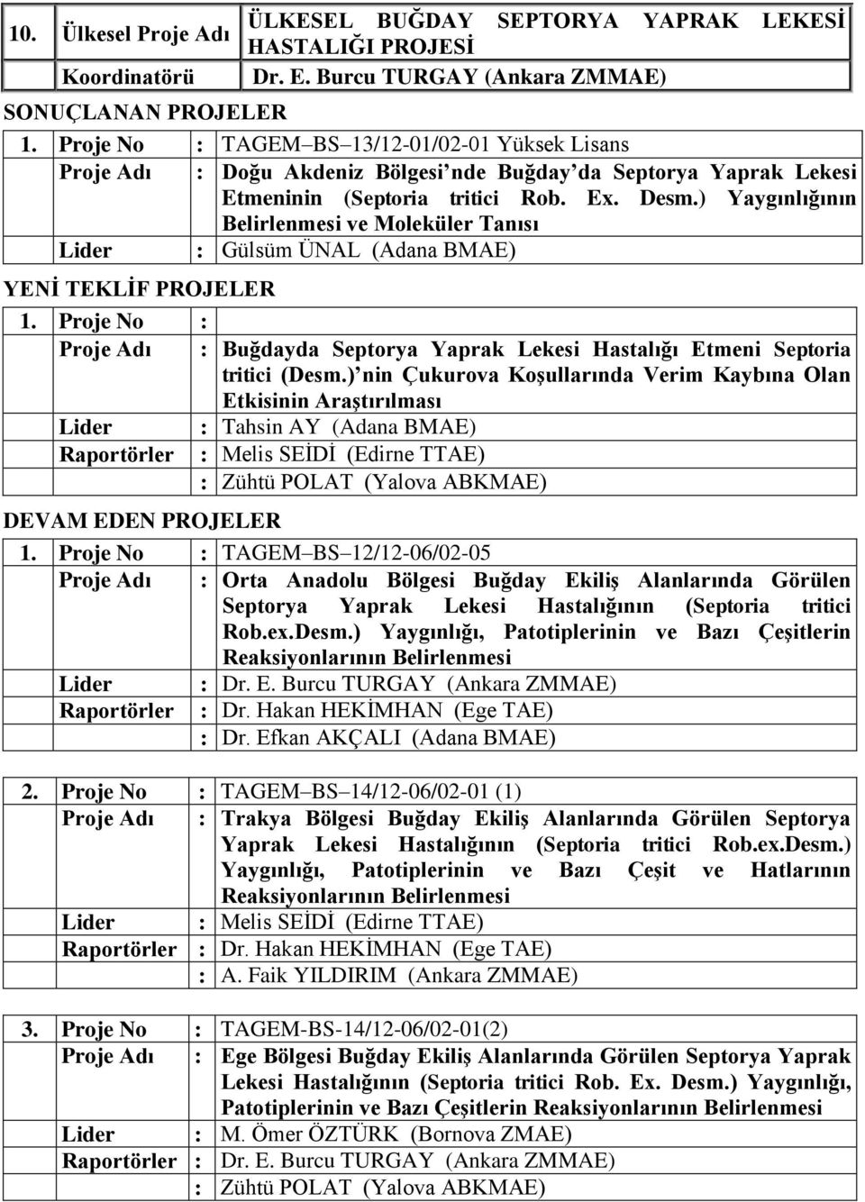 ) Yaygınlığının Belirlenmesi ve Moleküler Tanısı Lider : Gülsüm ÜNAL (Adana BMAE) YENİ TEKLİF PROJELER 1.