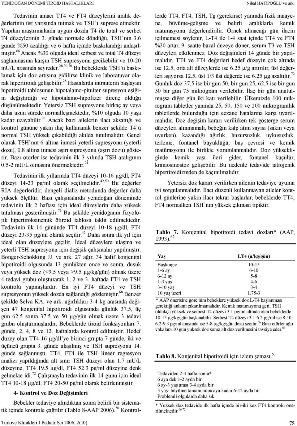 66 Ancak %30 olguda ideal serbest ve total T4 düzeyi sağlanmasına karşın TSH supresyonu gecikebilir ve 10-20 mu/l arasında seyreder.