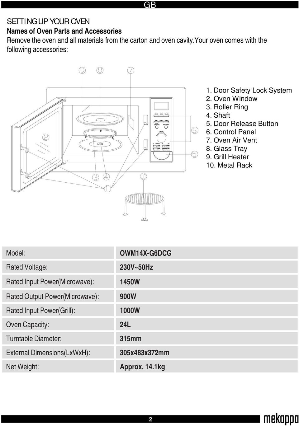 Control Panel 7. Oven Air Vent 8. Glass Tray 9. Grill Heater 10.