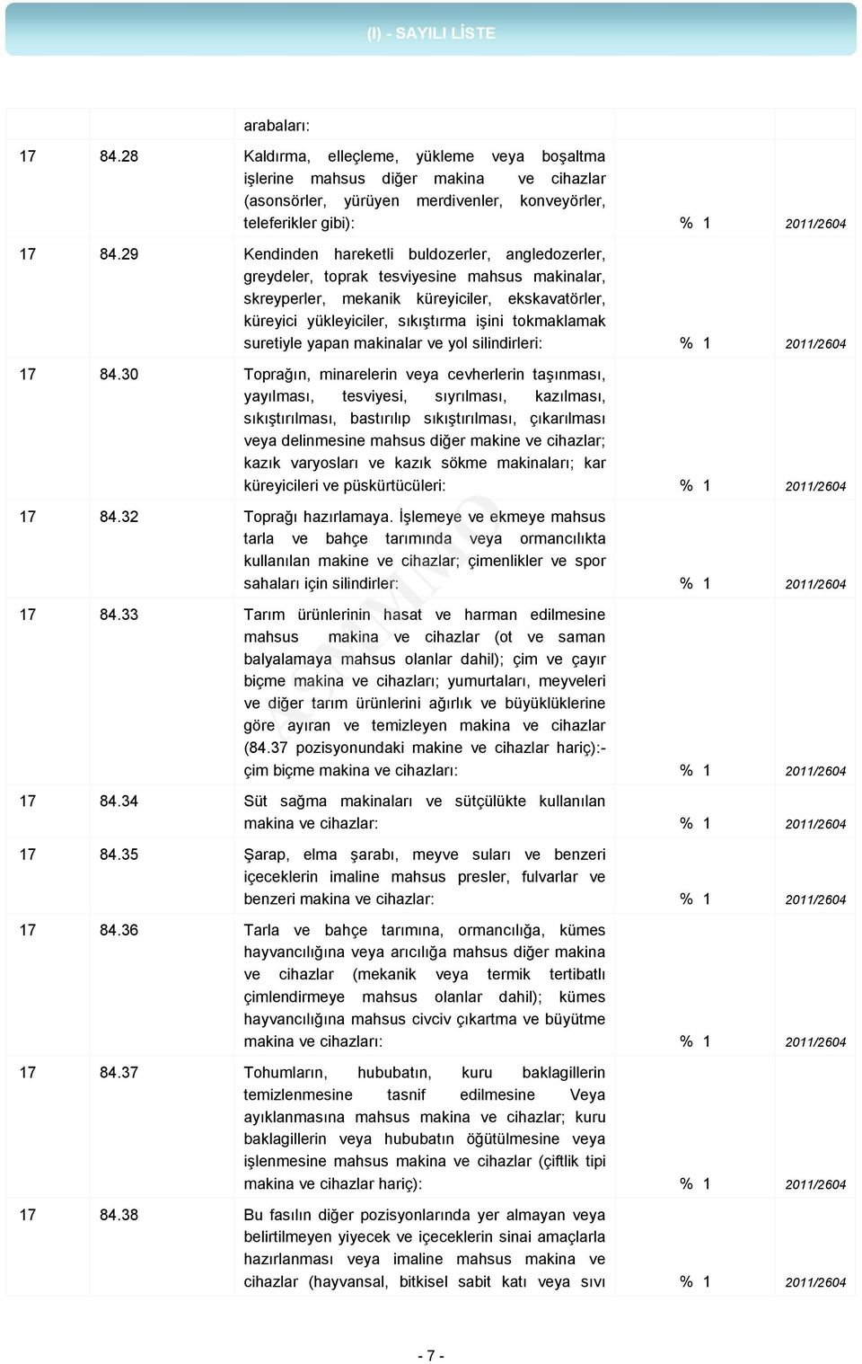 29 Kendinden hareketli buldozerler, angledozerler, greydeler, toprak tesviyesine mahsus makinalar, skreyperler, mekanik küreyiciler, ekskavatörler, küreyici yükleyiciler, sıkıştırma işini tokmaklamak