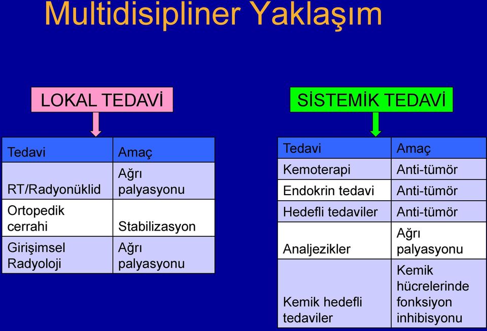 Kemoterapi Endokrin tedavi Hedefli tedaviler Analjezikler Kemik hedefli tedaviler Amaç