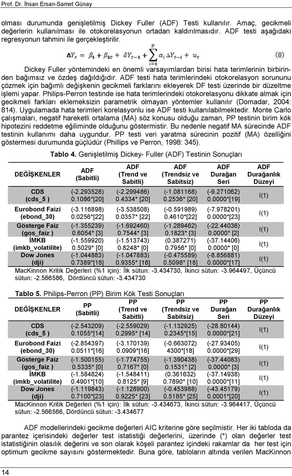 ADF testi hata terimlerindeki otokorelasyon sorununu çözmek için bağımlı değişkenin gecikmeli farklarını ekleyerek DF testi üzerinde bir düzeltme işlemi yapar.