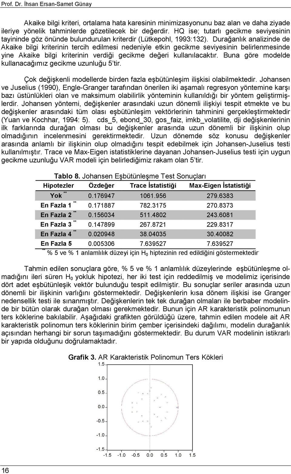 Durağanlık analizinde de Akaike bilgi kriterinin tercih edilmesi nedeniyle etkin gecikme seviyesinin belirlenmesinde yine Akaike bilgi kriterinin verdiği gecikme değeri kullanılacaktır.