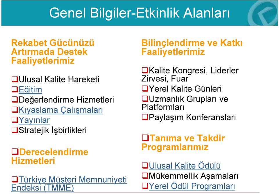 (TMME) Bilinçlendirme ve Katkı Faaliyetlerimiz Kalite Kongresi, Liderler Zirvesi, Fuar Yerel Kalite Günleri Uzmanlık Grupları ve