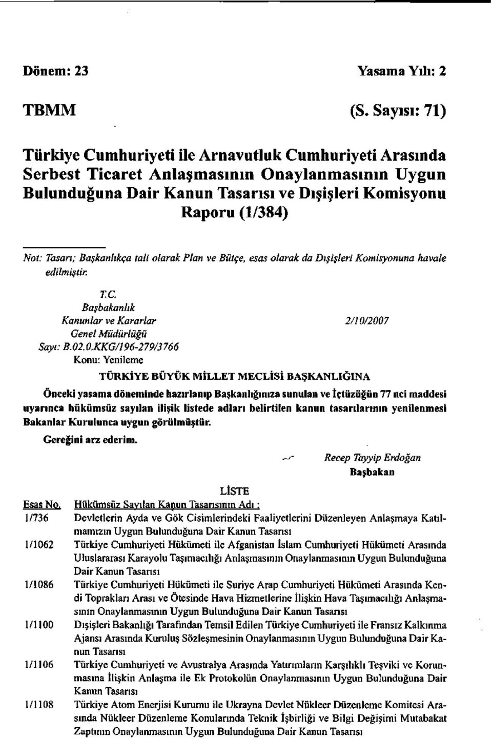 Tasarı; Başkanlıkça tali olarak Plan ve Bütçe, esas olarak da Dışişleri Komisyonuna havale edilmiştir, T. a Başbakanlık Kanunlar ve Kararlar 2/10/