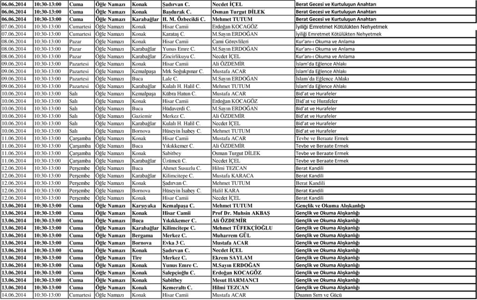 06.2014 10:30-13:00 Cumartesi Öğle Namazı Konak Karataş C. M.Sayın ERDOĞAN İyiliği Emretmet Kötülükten Nehyetmek 08.06.2014 10:30-13:00 Pazar Öğle Namazı Konak Hisar Camii Cami Görevlileri Kur'anı-ı Okuma ve Anlama 08.