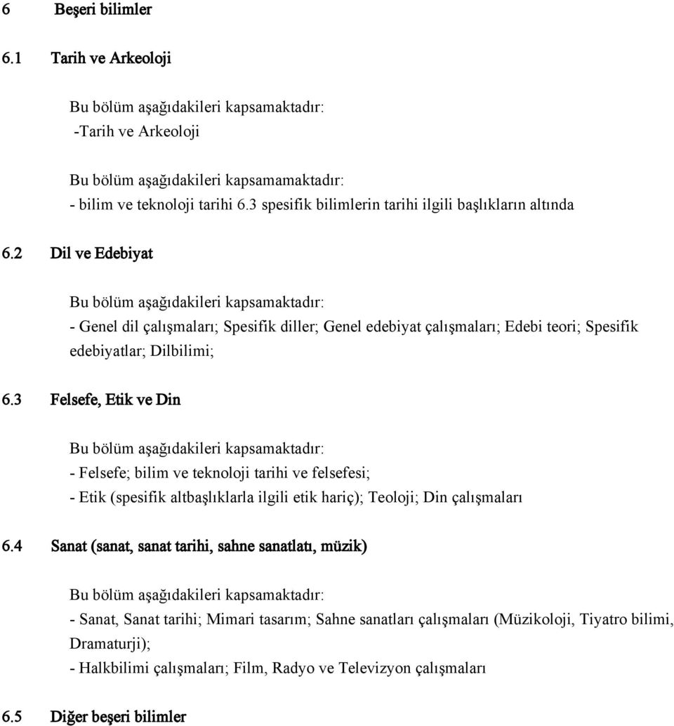 3 Felsefe, Etik ve Din - Felsefe; bilim ve teknoloji tarihi ve felsefesi; - Etik (spesifik altbaşlıklarla ilgili etik hariç); Teoloji; Din çalışmaları 6.