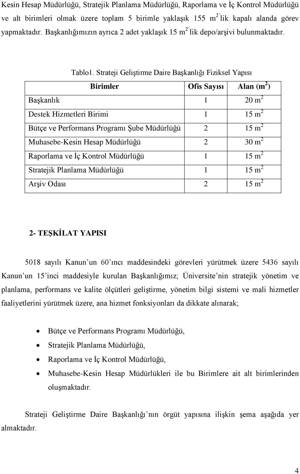 Strateji Geliştirme Daire Başkanlığı Fiziksel Yapısı Birimler Ofis Sayısı Alan (m 2 ) Başkanlık 1 20 m 2 Destek Hizmetleri Birimi 1 15 m 2 Bütçe ve Performans Programı Şube Müdürlüğü 2 15 m 2