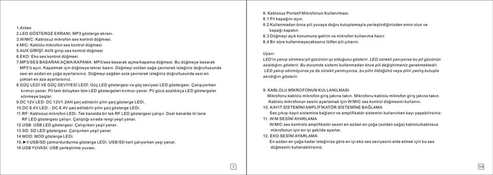 AUX GİRİŞİ: AUX girişi ses kontrol düğmesi 6.EKO: Eko ses kontrol düğmesi. 7.MP3/SES BASARAK AÇMA/KAPAMA: MP3/ses basarak açma/kapama düğmesi. Bu düğmeye basarak MP3'ü açın.