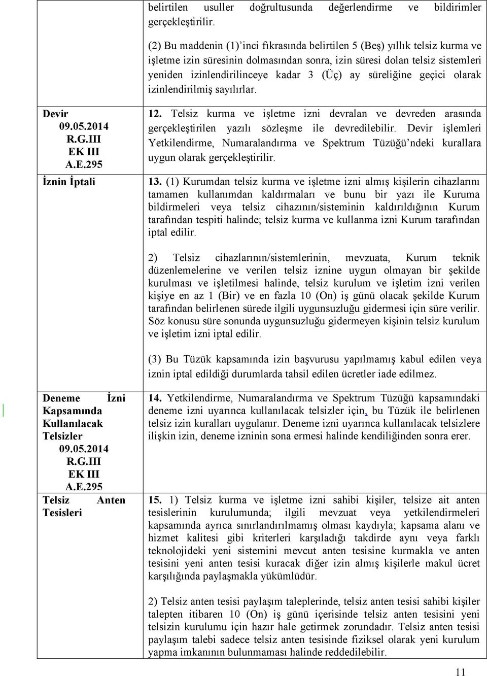 süreliğine geçici olarak izinlendirilmiş sayılırlar. Devir 09.05.2014 R.G.III EK III A.E.295 İznin İptali 12.