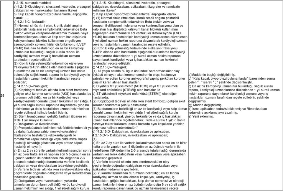 Klopidogrel, silostazol, ivabradin, prasugrel, dabigatran ve rivaroksaban kullanım ilkeleri b) Kalp kapak biyoprotezi bulunanlarda, anjiografik olarak.. c) 4.2.15.