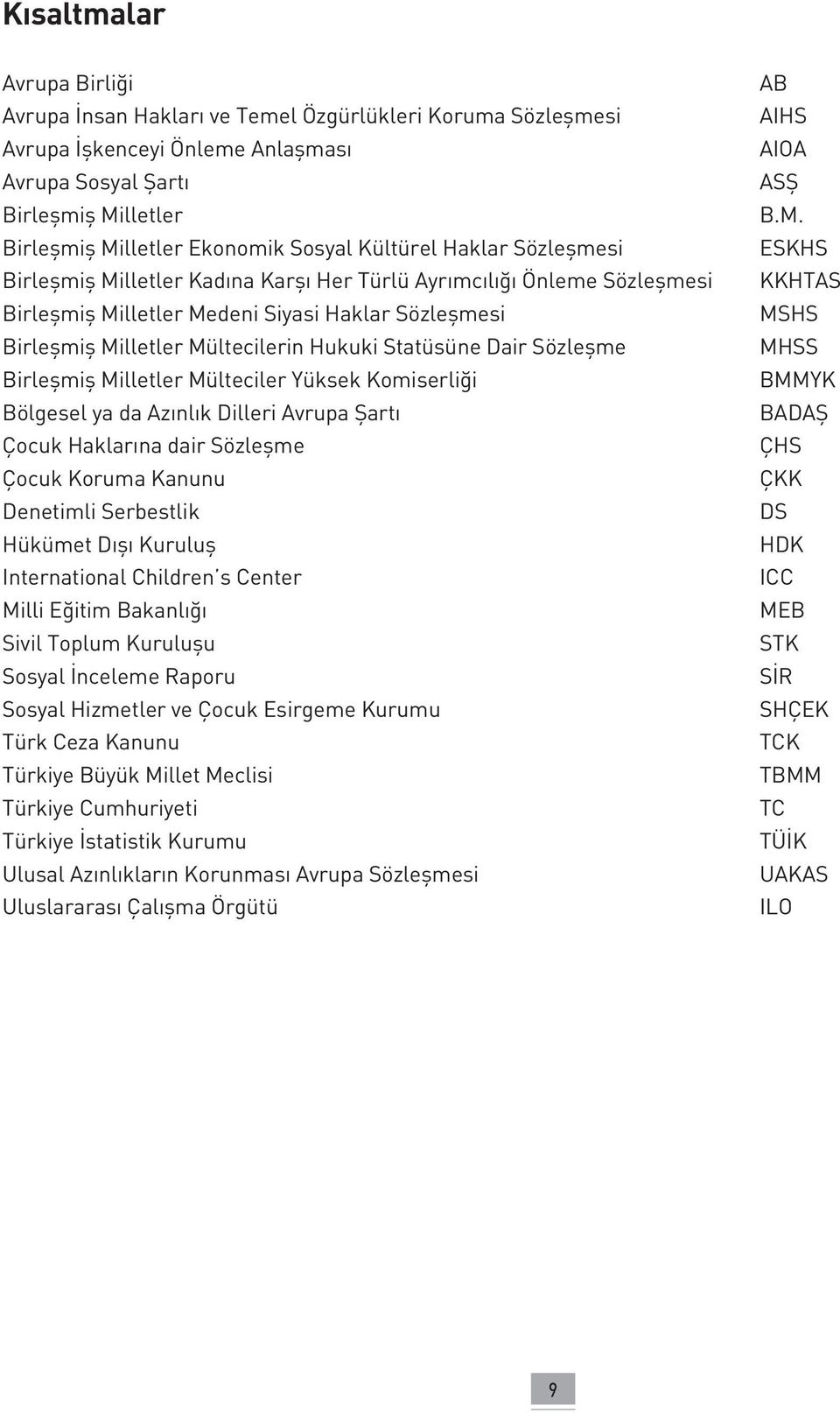 Statüsüne Dair Sözleşme Birleşmiş Milletler Mülteciler Yüksek Komiserliği Bölgesel ya da Azınlık Dilleri Avrupa Şartı Çocuk Haklarına dair Sözleşme Çocuk Koruma Kanunu Denetimli Serbestlik Hükümet