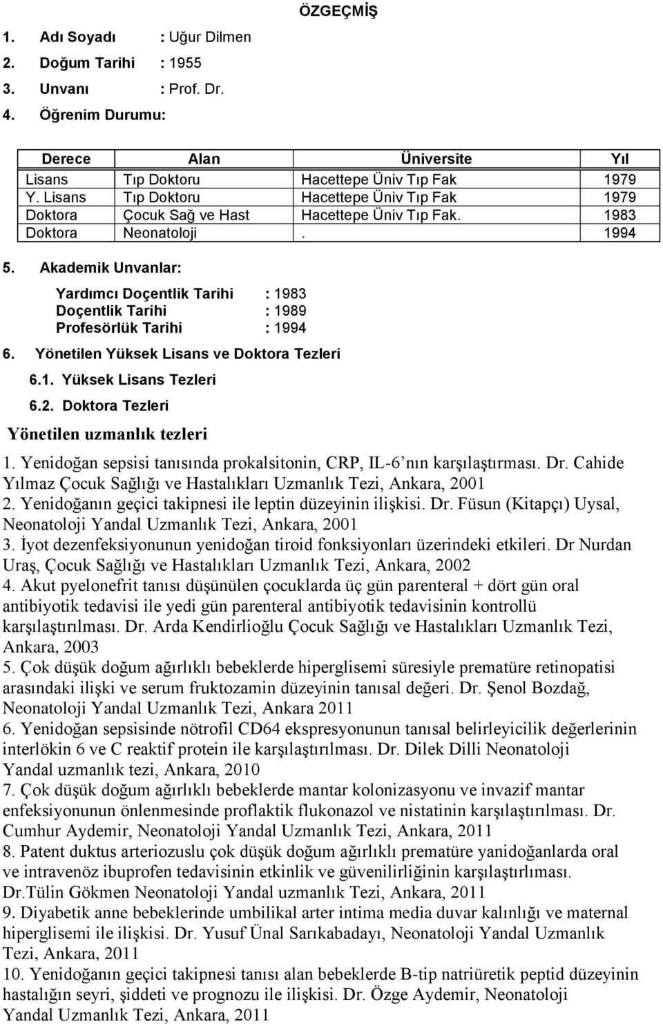 Akademik Unvanlar: Yardımcı Doçentlik Tarihi : 1983 Doçentlik Tarihi : 1989 Profesörlük Tarihi : 1994 6. Yönetilen Yüksek Lisans ve Doktora Tezleri 6.1. Yüksek Lisans Tezleri 6.2.