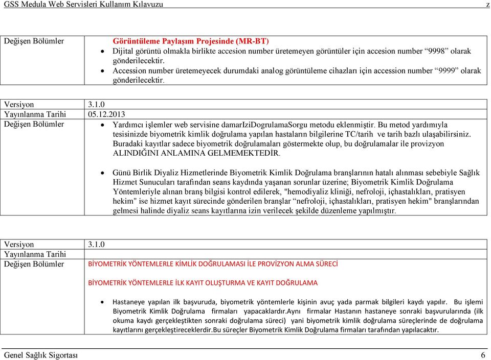 2013 DeğiĢen Bölümler Yardımcı iģlemler web servisine damariidogrulamasorgu metodu eklenmiģtir.