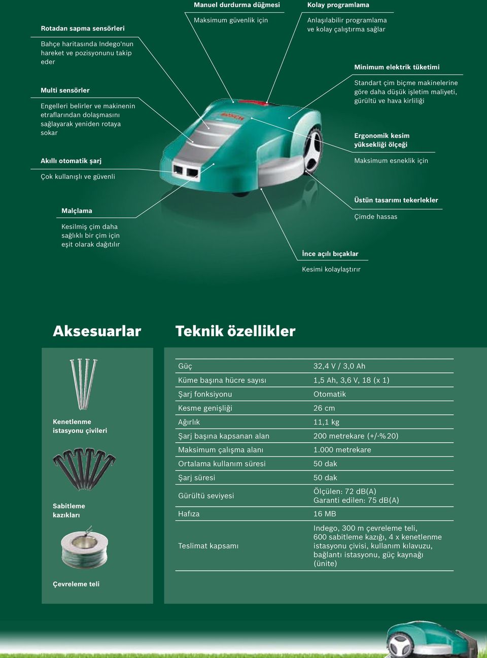 çim biçme makinelerine göre daha düşük işletim maliyeti, gürültü ve hava kirliliği Ergonomik kesim yüksekliği ölçeği Maksimum esneklik için Malçlama Kesilmiş çim daha sağlıklı bir çim için eşit