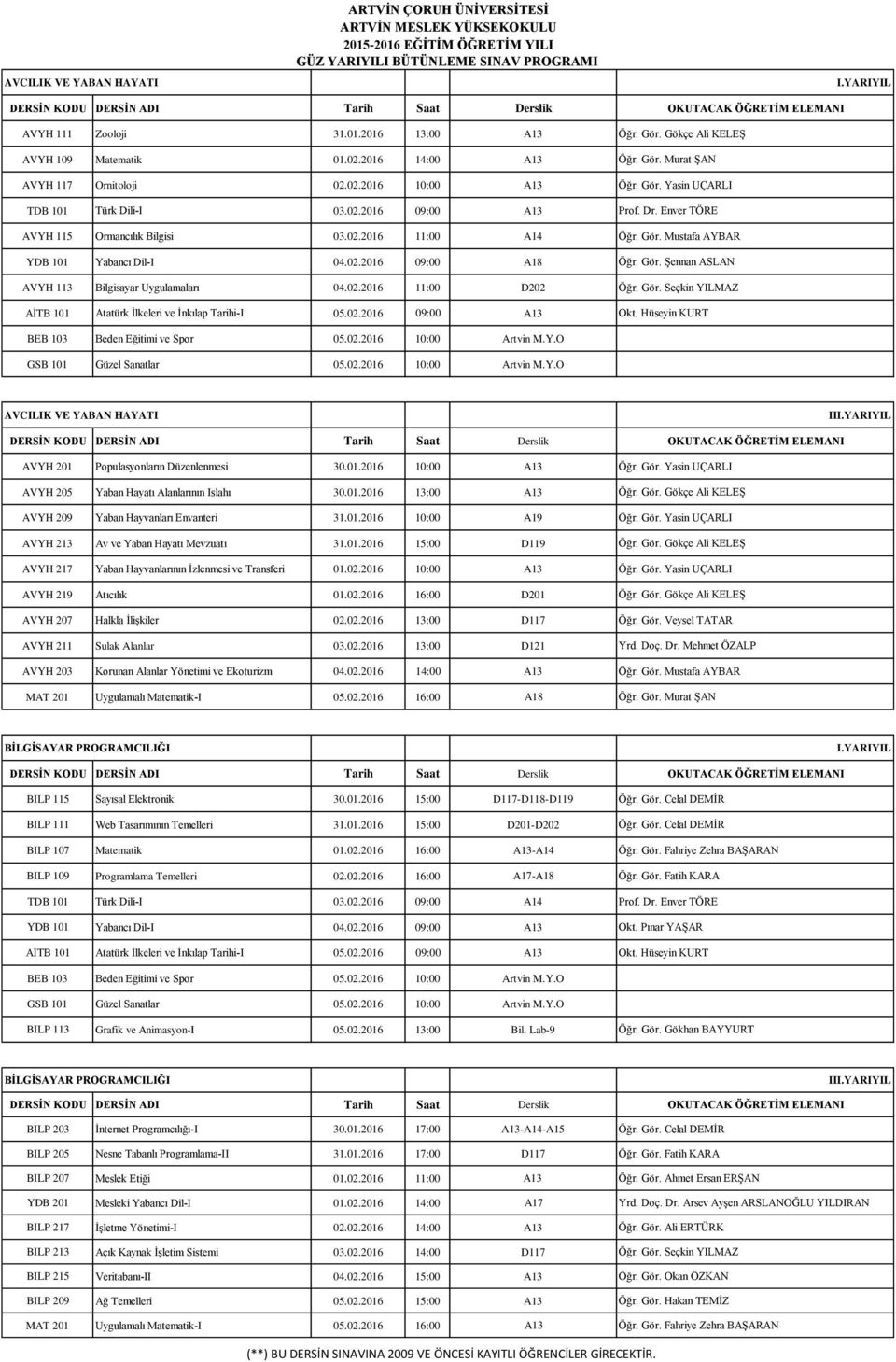 Enver TÖRE AVYH 115 Ormancılık Bilgisi 03.02.2016 11:00 A14 Öğr. Gör. Mustafa AYBAR YDB 101 Yabancı Dil-I 04.02.2016 09:00 A18 Öğr. Gör. Şennan ASLAN AVYH 113 Bilgisayar Uygulamaları 04.02.2016 11:00 D202 Öğr.
