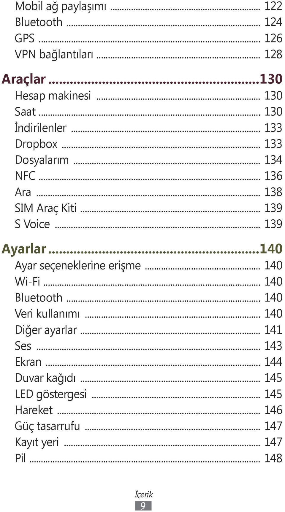 ..140 Ayar seçeneklerine erişme... 140 Wi-Fi... 140 Bluetooth... 140 Veri kullanımı... 140 Diğer ayarlar... 141 Ses.