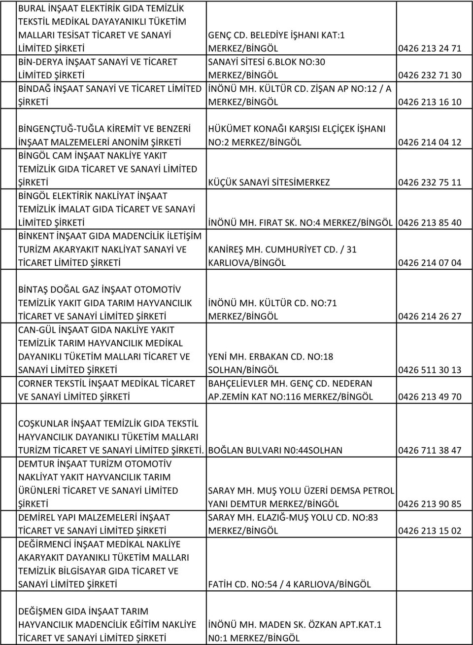 ZİŞAN AP NO:12 / A 0426 213 16 10 BİNGENÇTUĞ-TUĞLA KİREMİT VE BENZERİ İNŞAAT MALZEMELERİ ANONİM HÜKÜMET KONAĞI KARŞISI ELÇİÇEK İŞHANI NO:2 0426 214 04 12 BİNGÖL CAM İNŞAAT NAKLİYE YAKIT TEMİZLİK GIDA