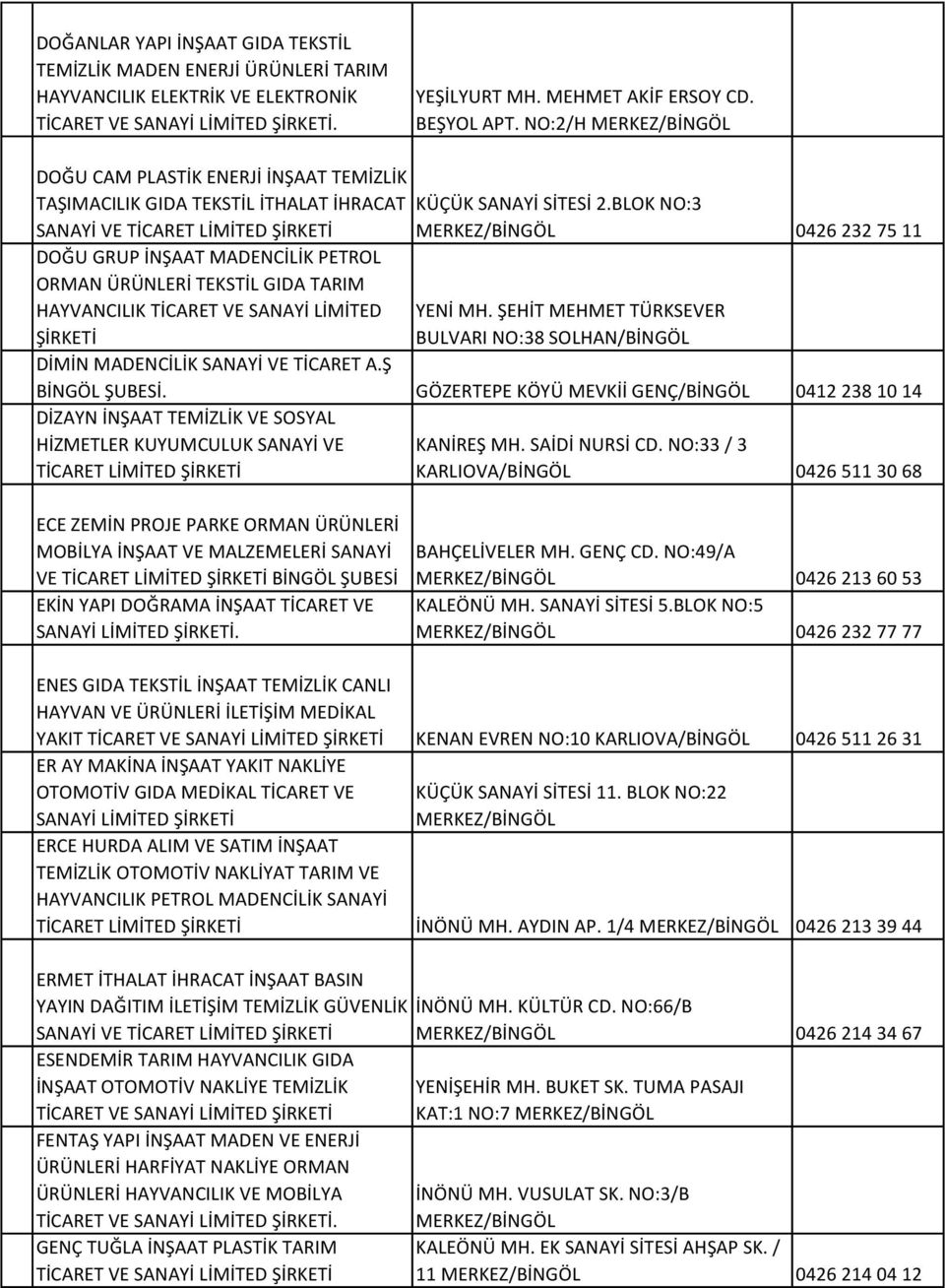 BLOK NO:3 SANAYİ VE TİCARET LİMİTED 0426 232 75 11 DOĞU GRUP İNŞAAT MADENCİLİK PETROL ORMAN ÜRÜNLERİ TEKSTİL GIDA TARIM HAYVANCILIK TİCARET VE SANAYİ LİMİTED YENİ MH.