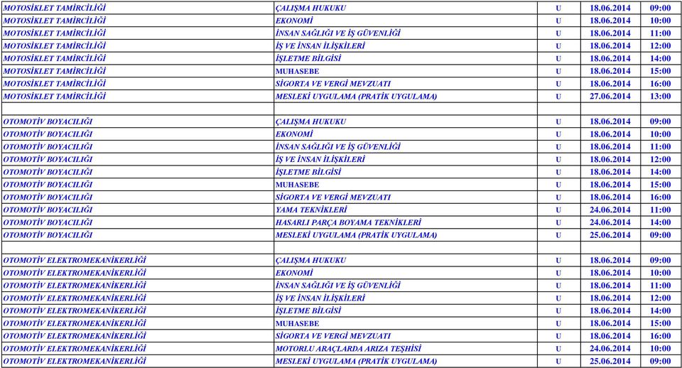 06.2014 13:00 OTOMOTİV BOYACILIĞI ÇALIŞMA HUKUKU U 18.06.2014 09:00 OTOMOTİV BOYACILIĞI EKONOMİ U 18.06.2014 10:00 OTOMOTİV BOYACILIĞI İNSAN SAĞLIĞI VE İŞ GÜVENLİĞİ U 18.06.2014 11:00 OTOMOTİV BOYACILIĞI İŞ VE İNSAN İLİŞKİLERİ U 18.