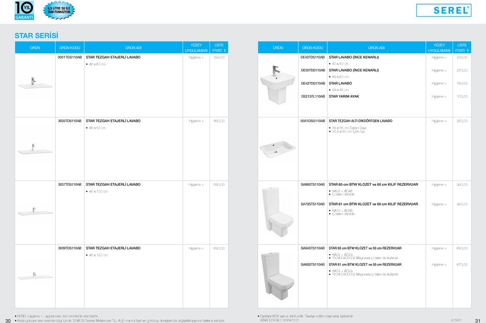 Dışa 31,5 x 50 cm İçten İçe 3037TDS110AB STAR TEZGAH ETAJERLİ LAVABO 580,00 SA96STS110AB STAR 65 cm BTW KLOZET ve 60 cm KILIF REZERVUAR 990,00 46 x 100 cm SA02 + AD46 Iç takım dahildir.
