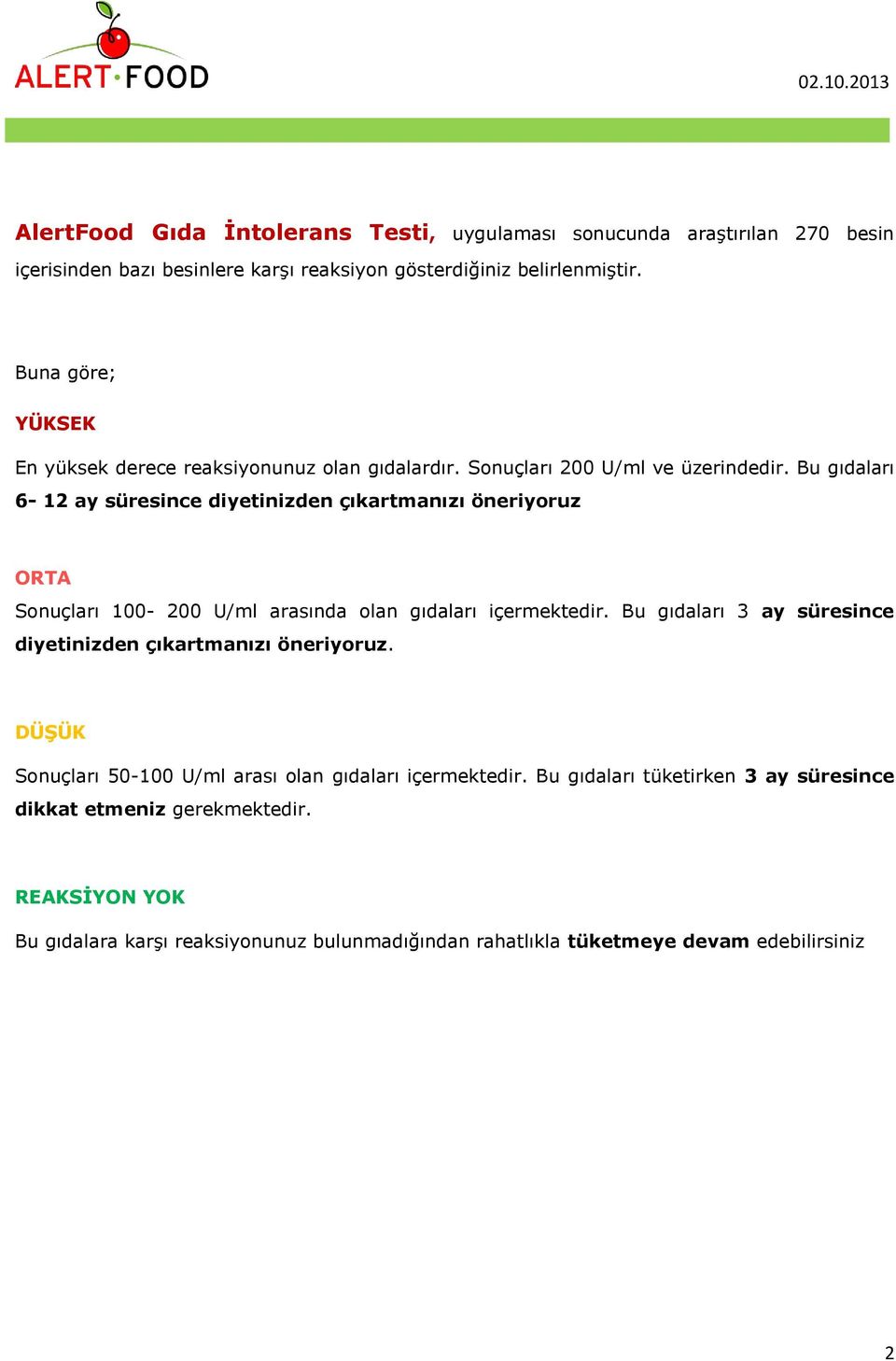 Bu gıdaları 6-12 ay süresince diyetinizden çıkartmanızı öneriyoruz ORTA Sonuçları 100-200 U/ml arasında olan gıdaları içermektedir.