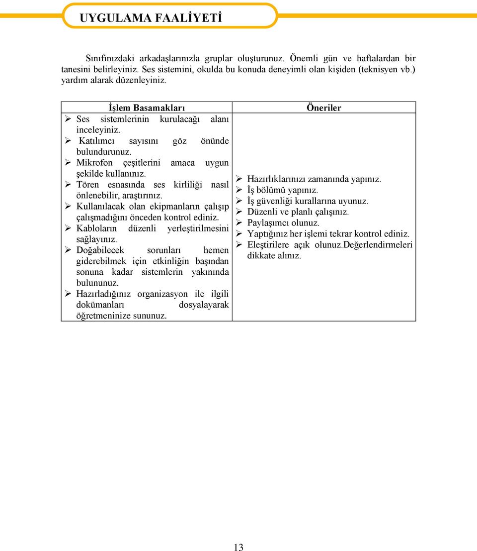 Katılımcı sayısını göz önünde bulundurunuz. Mikrofon çeşitlerini amaca uygun şekilde kullanınız. Tören esnasında ses kirliliği nasıl önlenebilir, araştırınız.