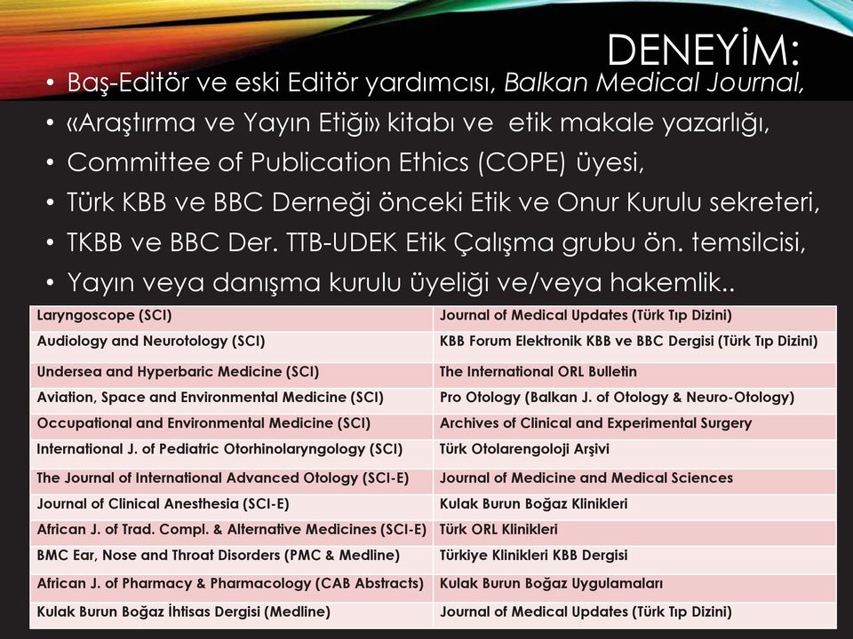 . Laryngoscope (SCI) Audiology and Neurotology (SCI) Journal of Medical Updates (Türk Tıp Dizini) KBB Forum Elektronik KBB ve BBC Dergisi (Türk Tıp Dizini) Undersea and Hyperbaric Medicine (SCI)