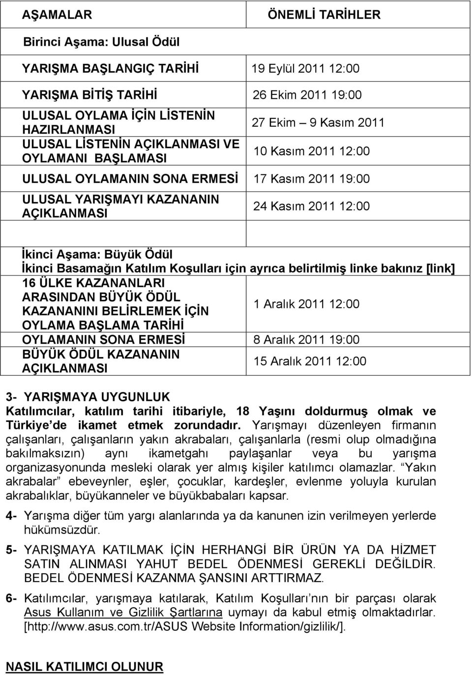 Büyük Ödül İkinci Basamağın Katılım Koşulları için ayrıca belirtilmiş linke bakınız [link] 16 ÜLKE KAZANANLARI ARASINDAN BÜYÜK ÖDÜL 1 Aralık 2011 12:00 KAZANANINI BELİRLEMEK İÇİN OYLAMA BAŞLAMA