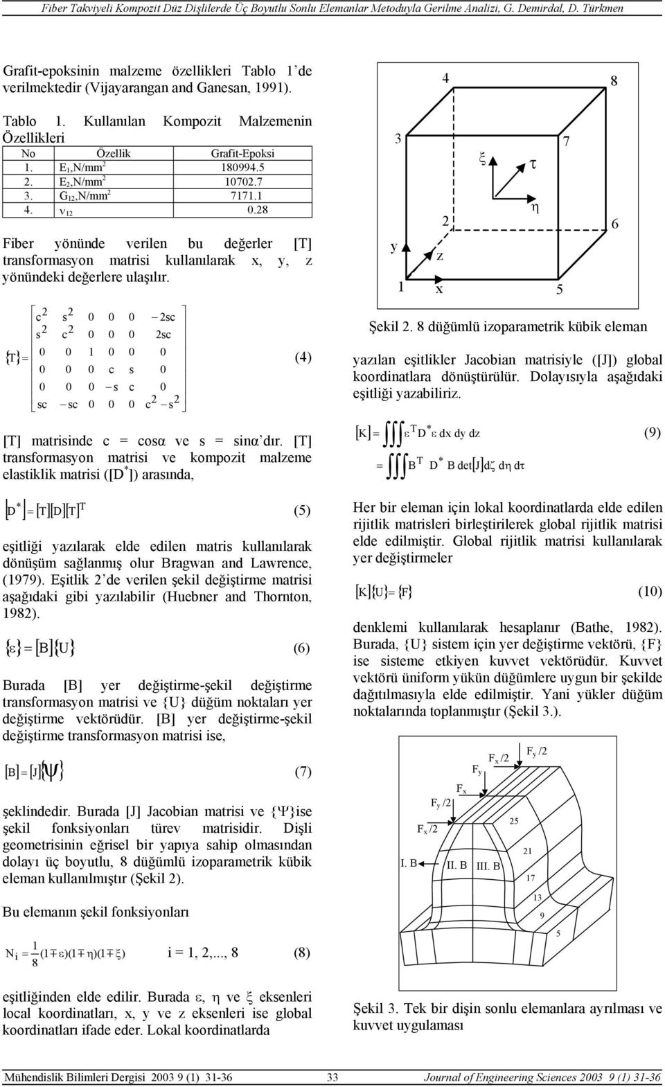 [] transformasyon matrisi ve kompozit malzeme elastiklik matrisi ([D * ]) arasında, [ ] * [ ][ D][ ] D = (5) eşitliği yazılarak elde edilen matris kullanılarak dönüşüm sağlanmış olur Bragwan and