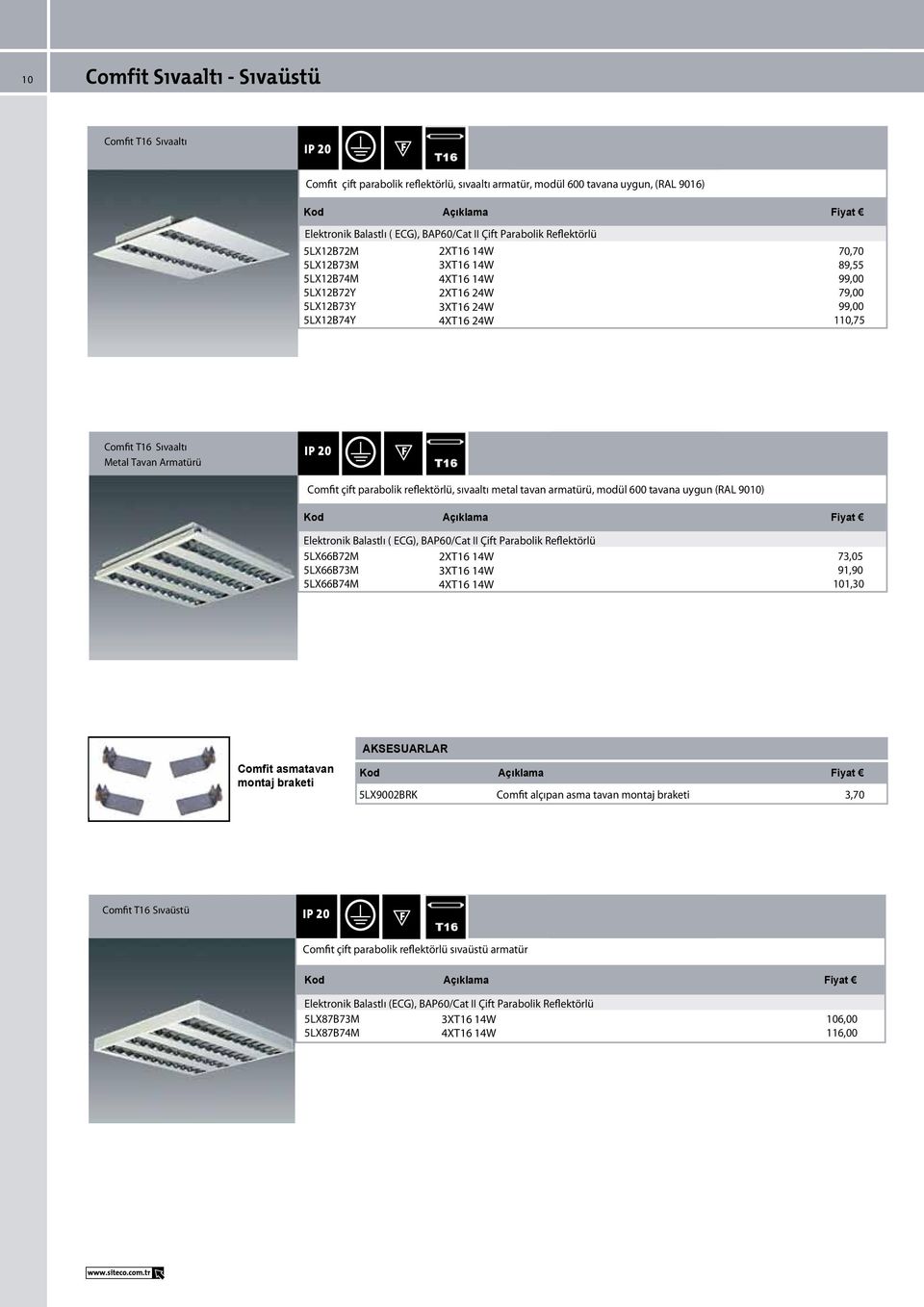 5LX12B74Y 4XT16 4X24W 24W T16 110,75 Comfit T16 Sıvaaltı Metal Tavan Armatürü Comfit çift parabolik reflektörlü, sıvaaltı metal tavan armatürü, modül 600 tavana uygun (RAL 9010) Elektronik Balastlı (