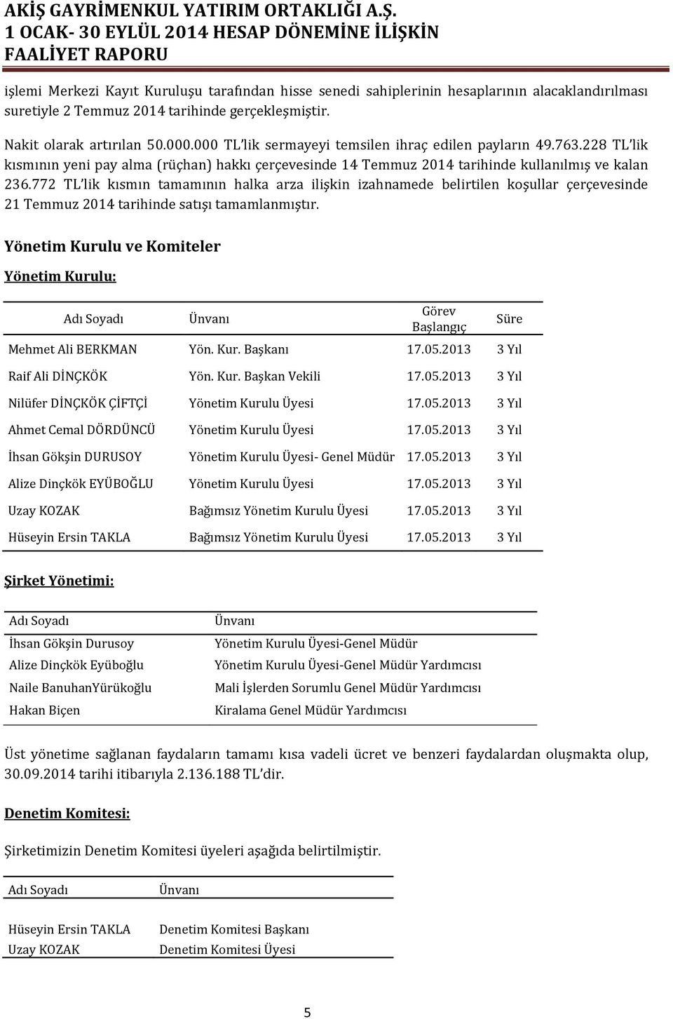 772 TL lik kısmın tamamının halka arza ilişkin izahnamede belirtilen koşullar çerçevesinde 21 Temmuz 2014 tarihinde satışı tamamlanmıştır.