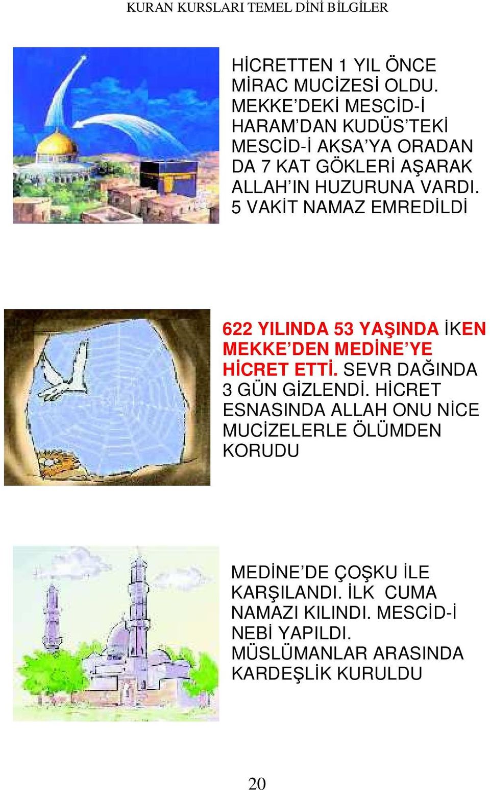 5 VAKİT NAMAZ EMREDİLDİ 622 YILINDA 53 YAŞINDA İKEN MEKKE DEN MEDİNE YE HİCRET ETTİ. SEVR DAĞINDA 3 GÜN GİZLENDİ.