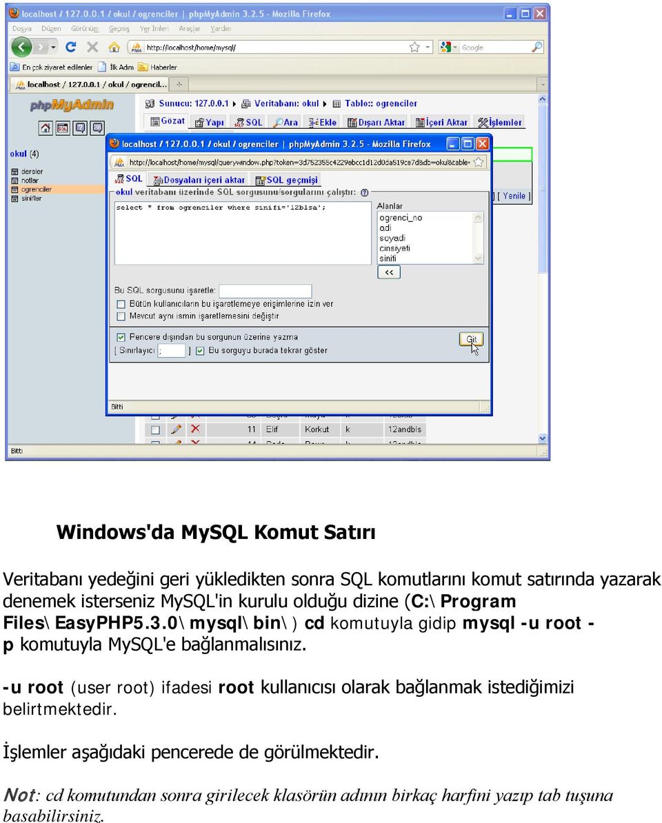 0\mysql\bin\) cd komutuyla gidip mysql -u root - p komutuyla MySQL'e bağlanmalısınız.