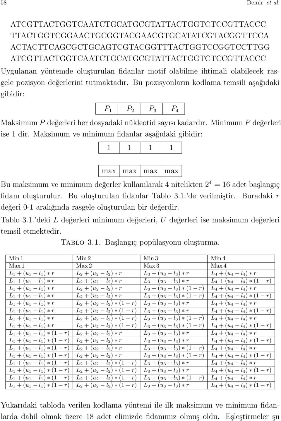 yöntemde oluşturulan fidanlar motif olabilme ihtimali olabilecek rasgele pozisyon değerlerini tutmaktadır.