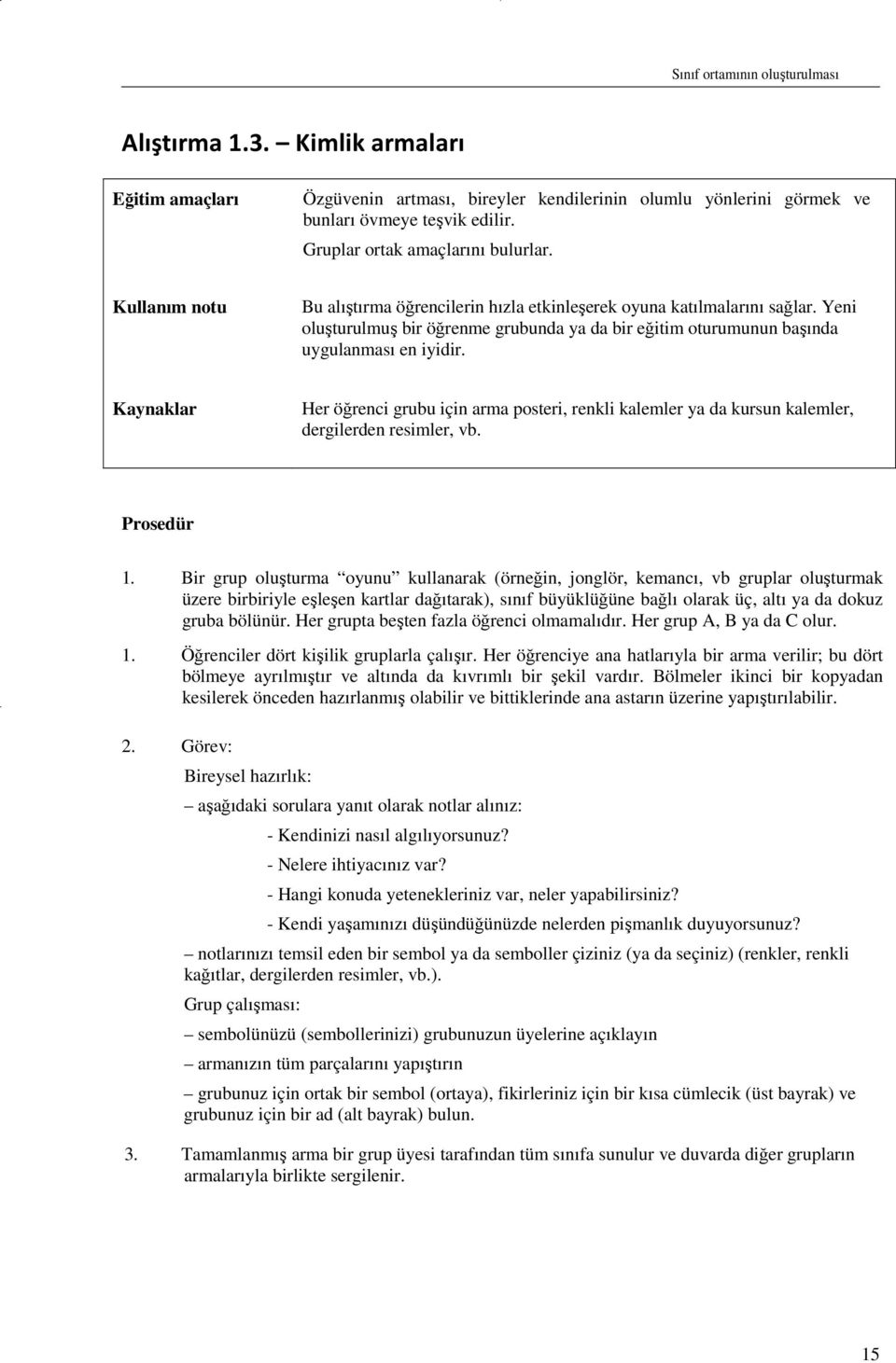 Yeni oluşturulmuş bir öğrenme grubunda ya da bir eğitim oturumunun başında uygulanması en iyidir.